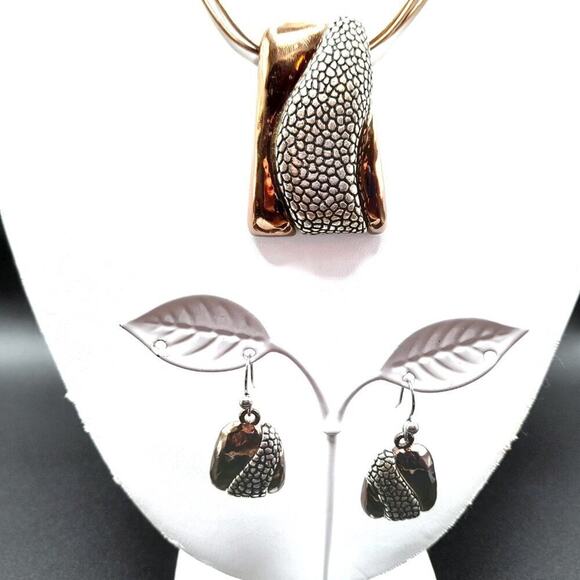 Chico's Bronze Silver Pendant Necklace Drop Earrings Set, Three Gold Cords, 20" - Picture 1 of 12